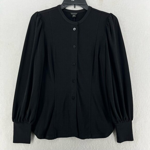 Ann Taylor Button-Up Women's Sz 2XS Black Plain Mock Neck Puff Sleeves Stretch - Picture 1 of 12